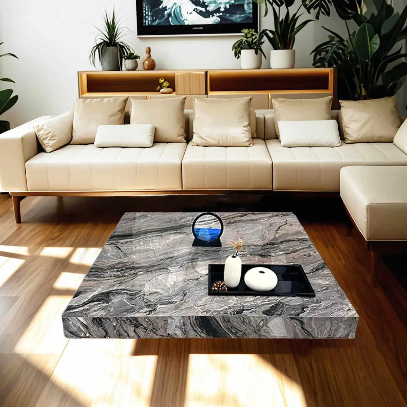 Modern Grey Square Coffee Table with Stainless Steel Base