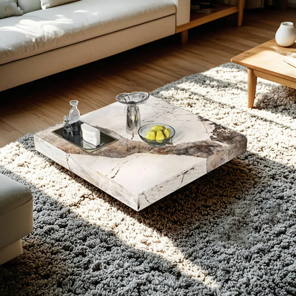 Modern Elegant White Square Coffee Table with Silver Base