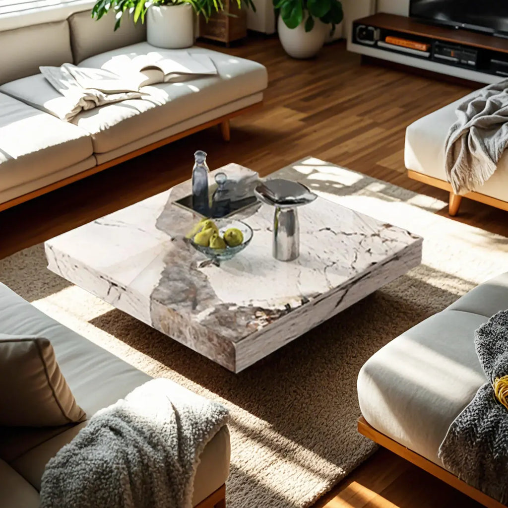 Modern Elegant White Square Coffee Table with Silver Base