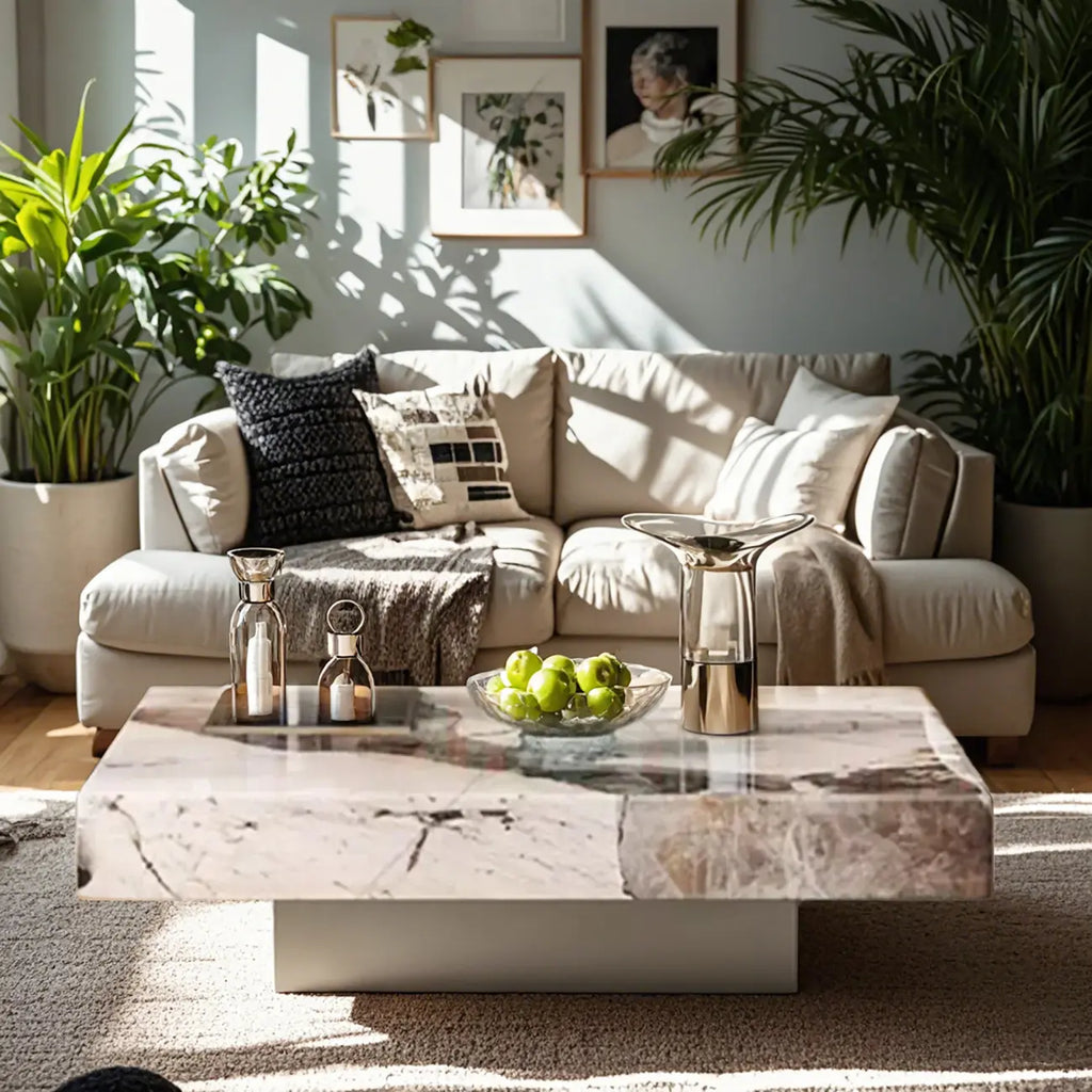Modern Elegant White Square Coffee Table with Silver Base