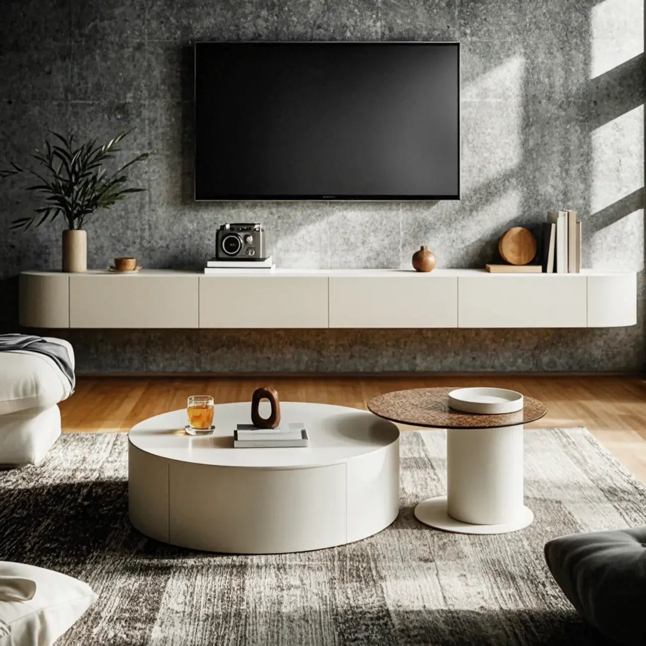 White Modern Round Sleek Drawer Coffee Table