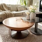Nesting Brown Wood Round Black Steel Base Coffee Table