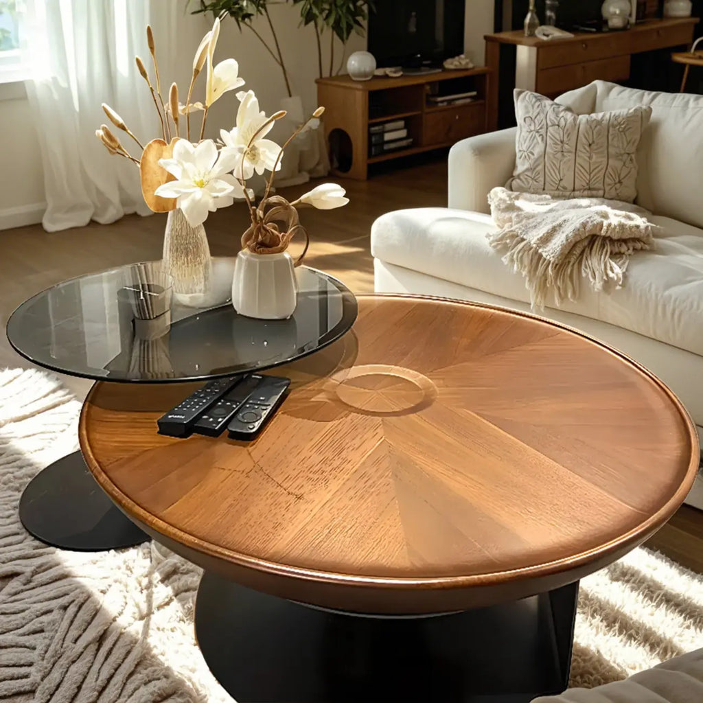 Nesting Brown Wood Round Black Steel Base Coffee Table