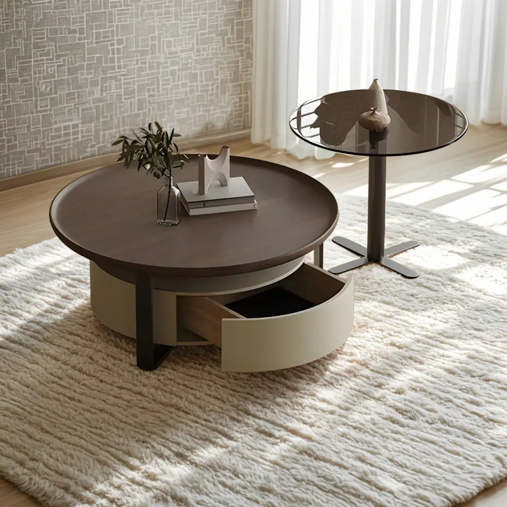 Modern Brown Wood Glass Round Coffee Table with Storage