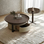 Modern Brown Wood Glass Round Coffee Table with Storage