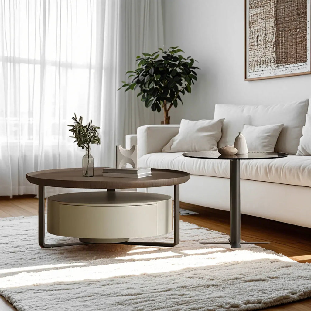 Modern Brown Wood Glass Round Coffee Table with Storage