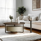Modern Brown Wood Glass Round Coffee Table with Storage