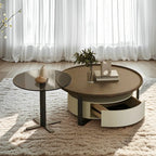 Modern Brown Wood Glass Round Coffee Table with Storage