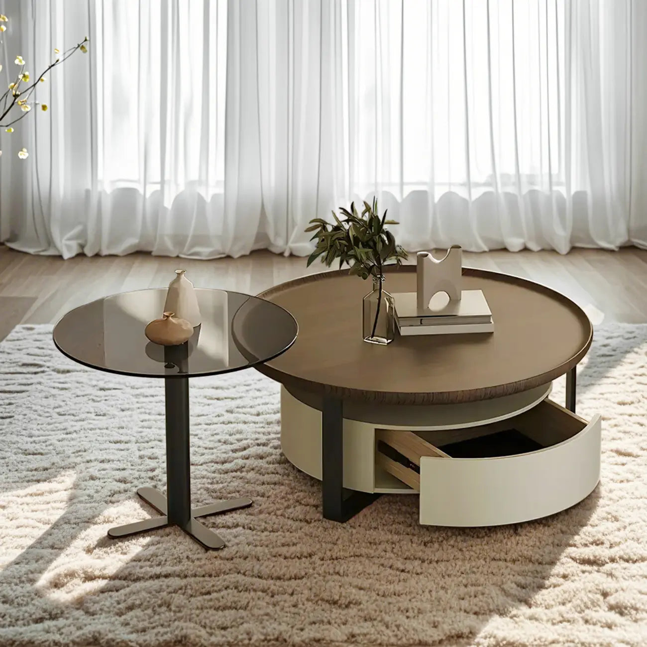 Modern Brown Wood Glass Round Coffee Table with Storage