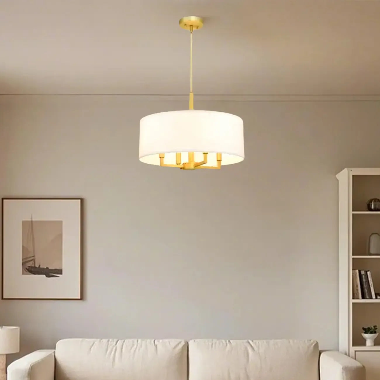 Modern Fabric Drum Chandeliers with Elegant Gold Finish