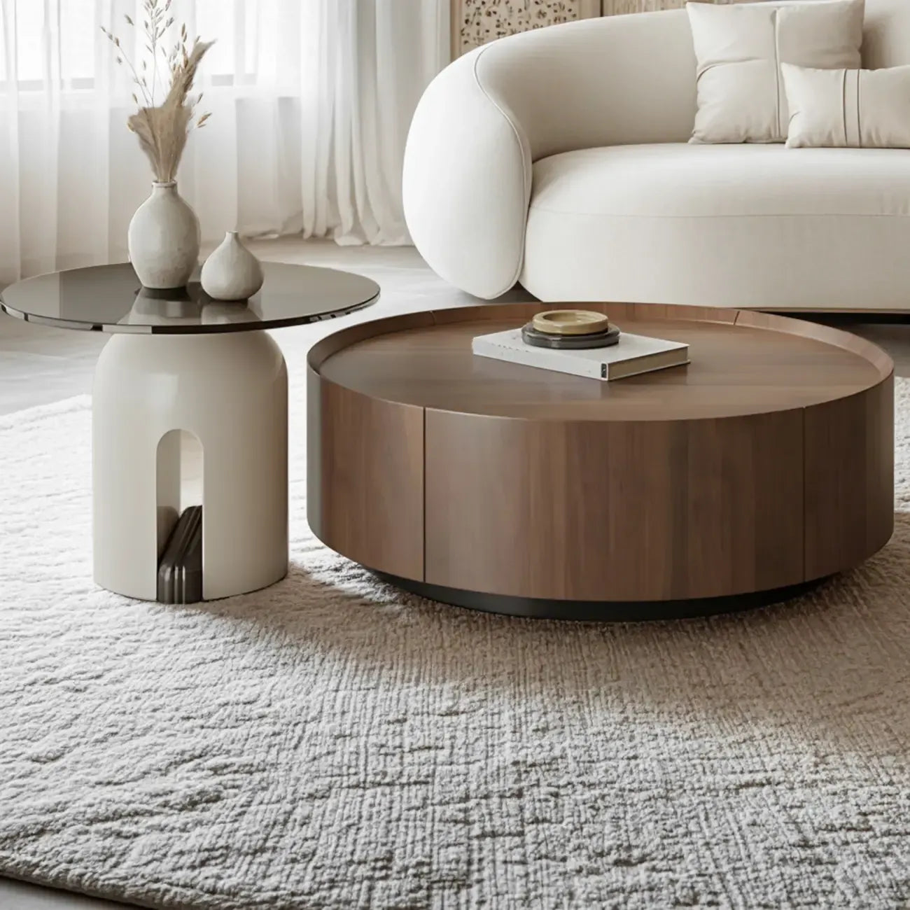 Brown Modern Stylish Round Wood Drawer Coffee Table