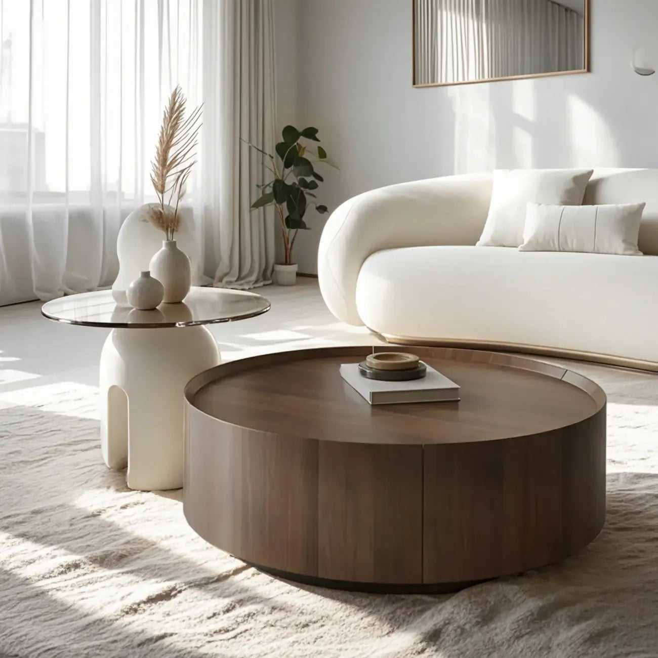 Brown Modern Stylish Round Wood Drawer Coffee Table
