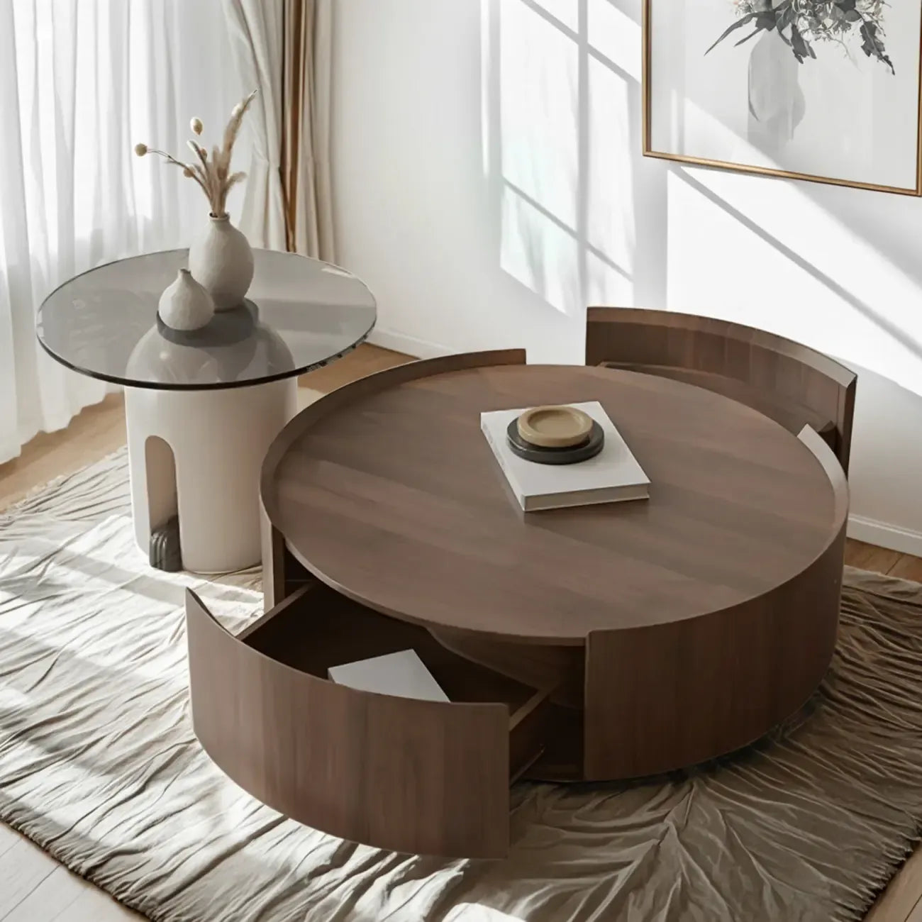 Brown Modern Stylish Round Wood Drawer Coffee Table