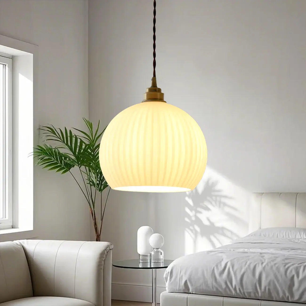 Minimalist White Glass Lantern LED Pendant Lamp for Living Room
