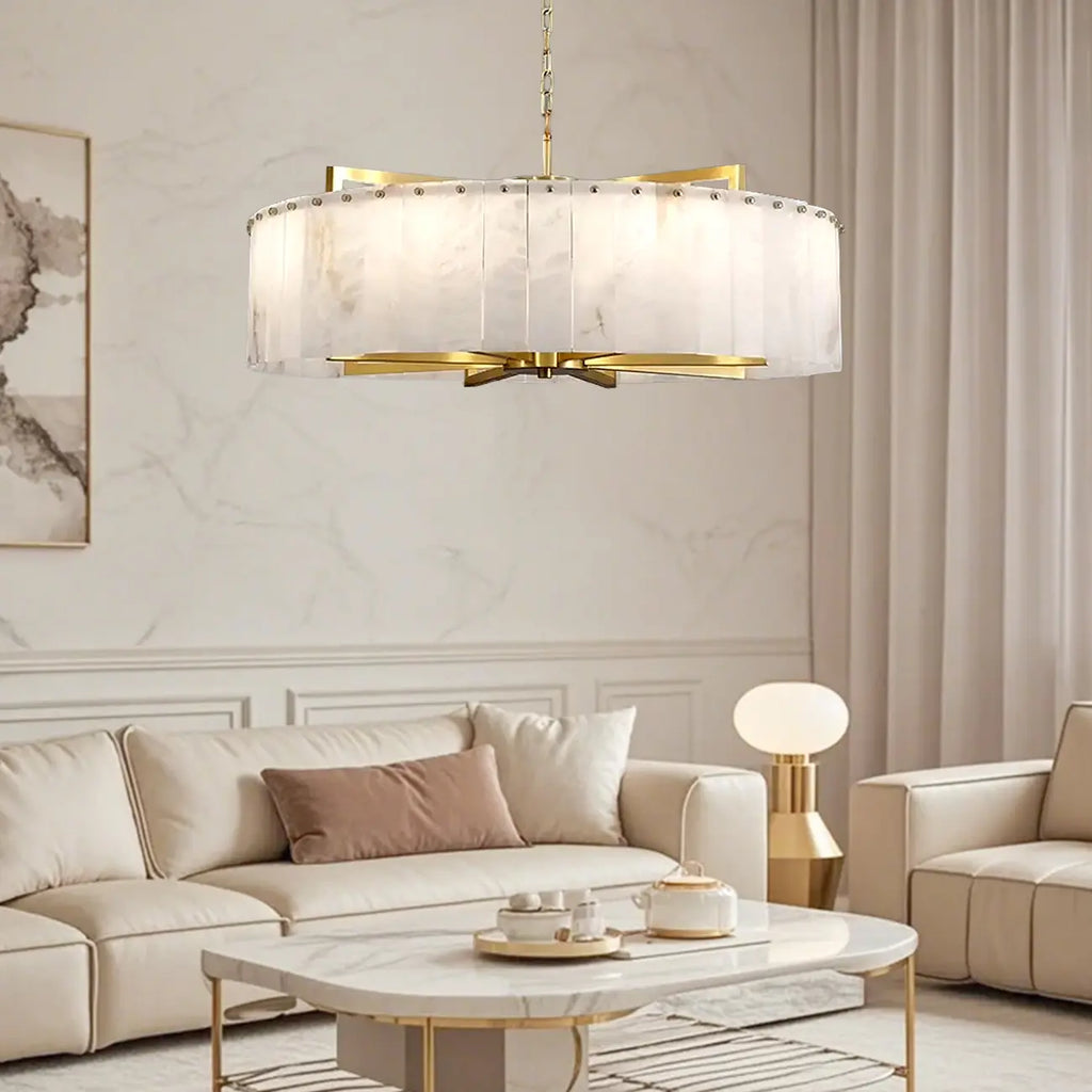 Adjustable Round Marble Chandelier with Sheet Lampshade