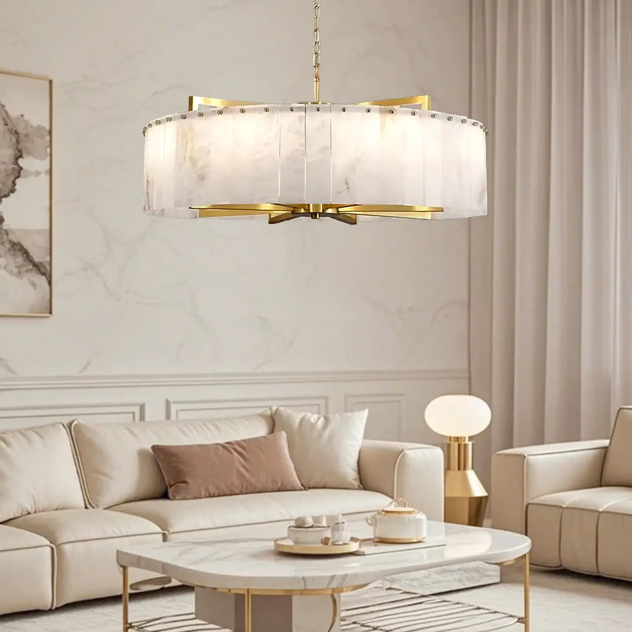 Adjustable Round Marble Chandelier with Sheet Lampshade