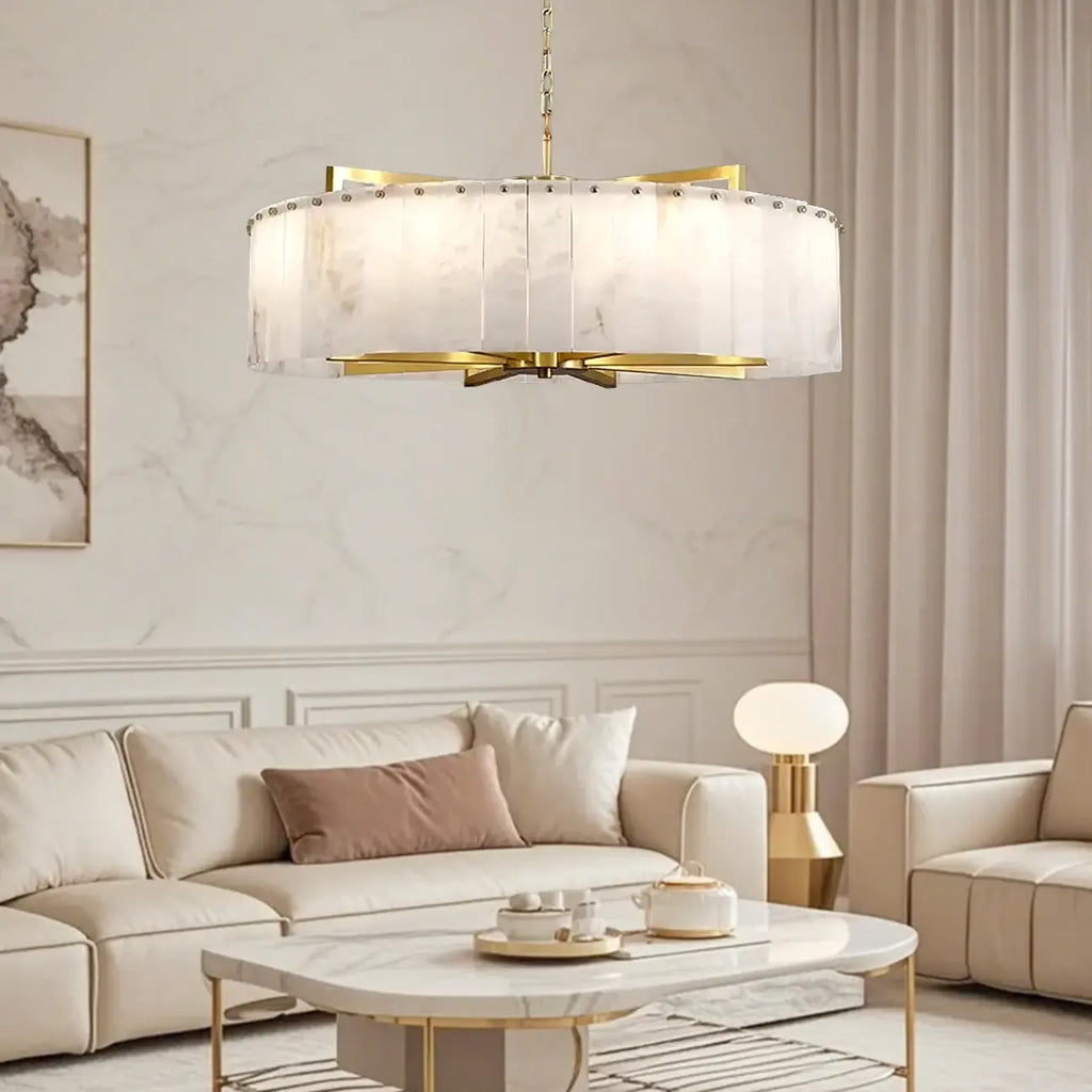 Adjustable Round Marble Chandelier with Sheet Lampshade