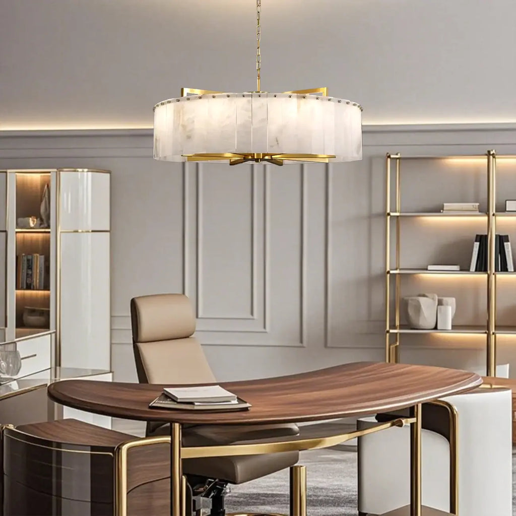 Adjustable Round Marble Chandelier with Sheet Lampshade