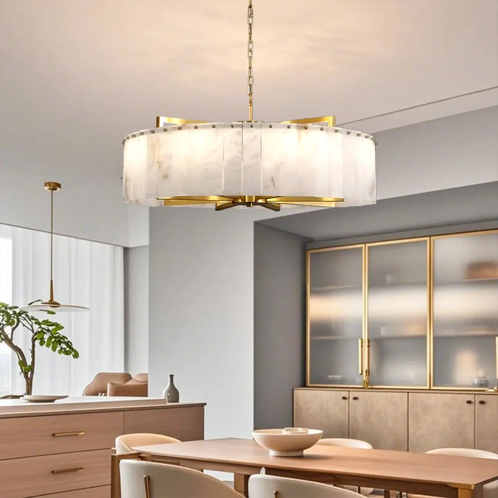 Adjustable Round Marble Chandelier with Sheet Lampshade