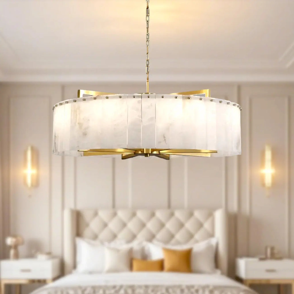 Adjustable Round Marble Chandelier with Sheet Lampshade