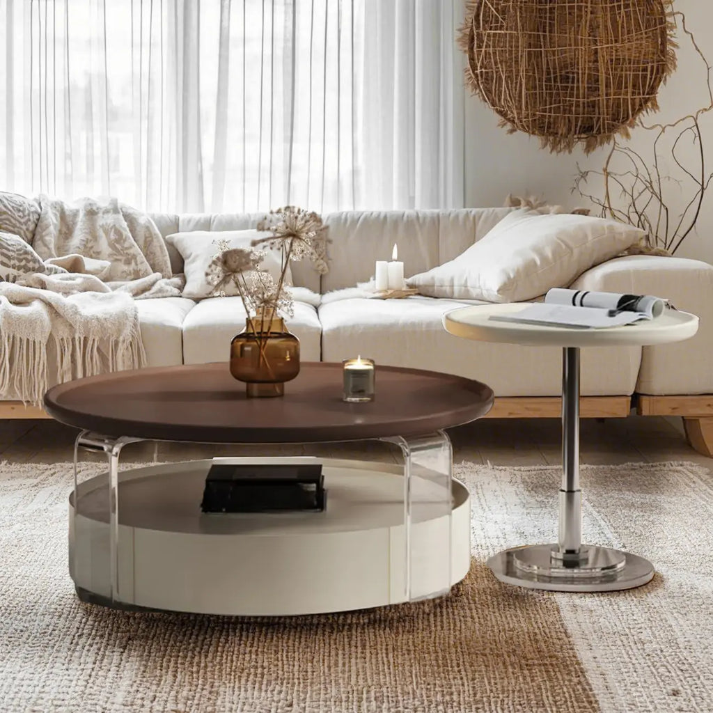 Brown Round Sleek Wooden Coffee Drawer Table