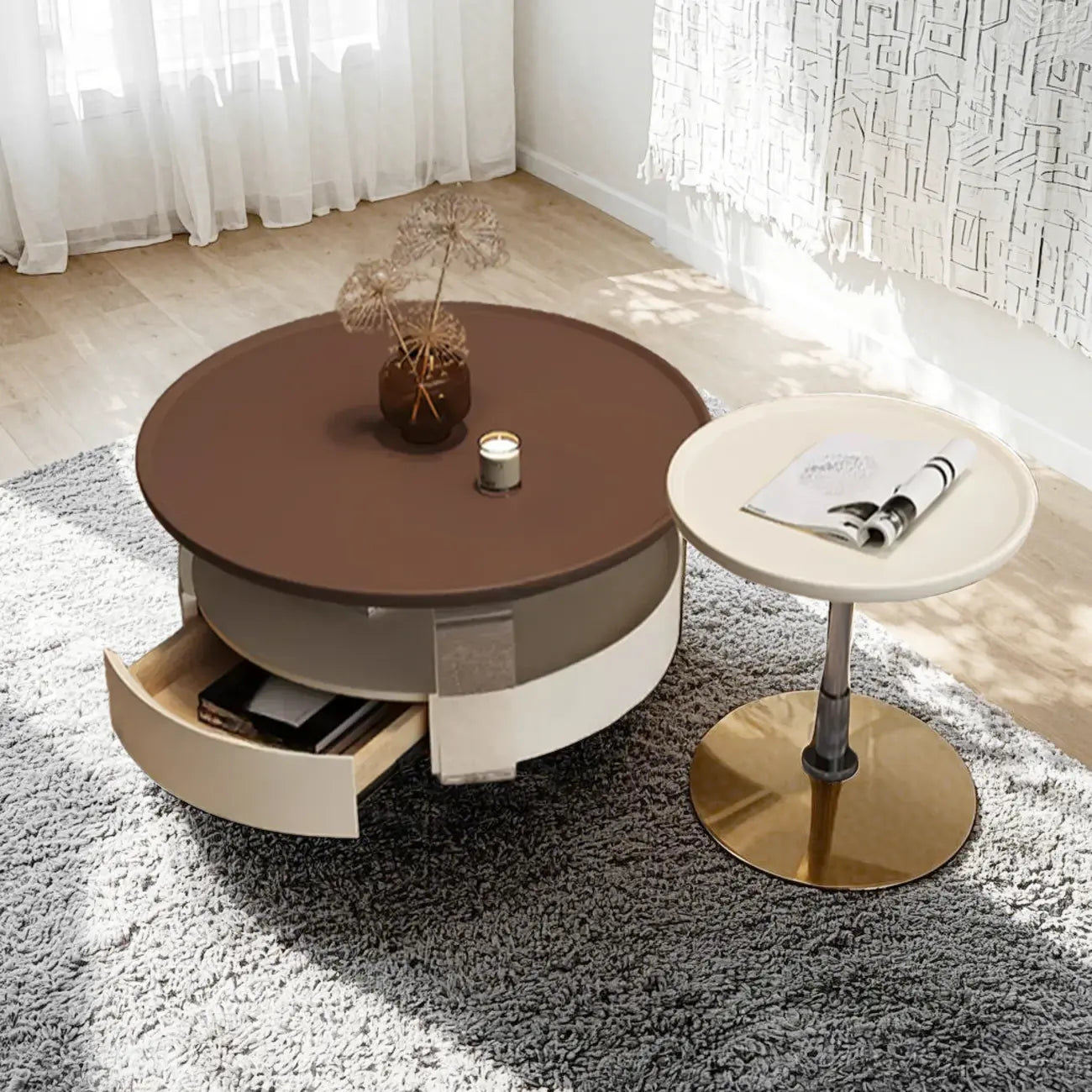 Brown Round Sleek Wooden Coffee Drawer Table