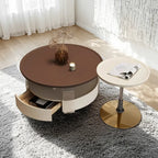 Brown Round Sleek Wooden Coffee Drawer Table