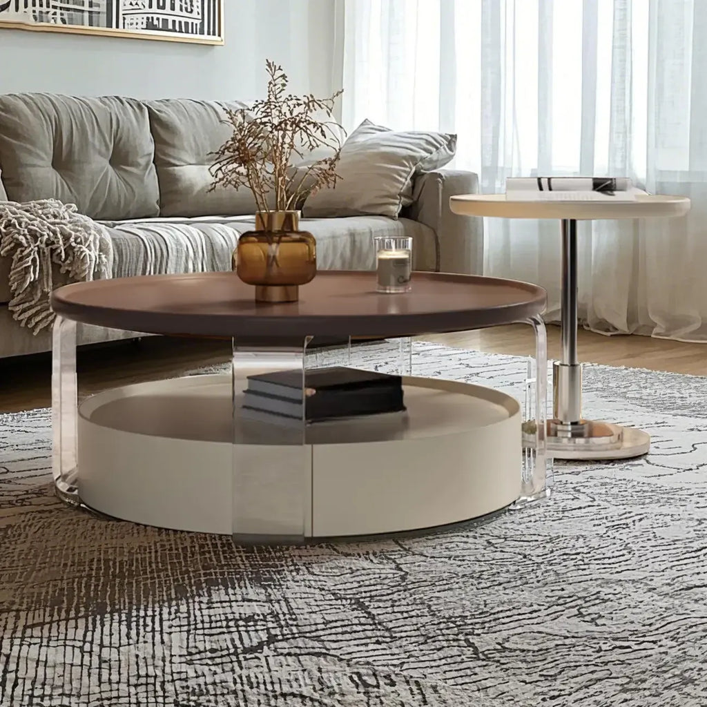 Brown Round Sleek Wooden Coffee Drawer Table