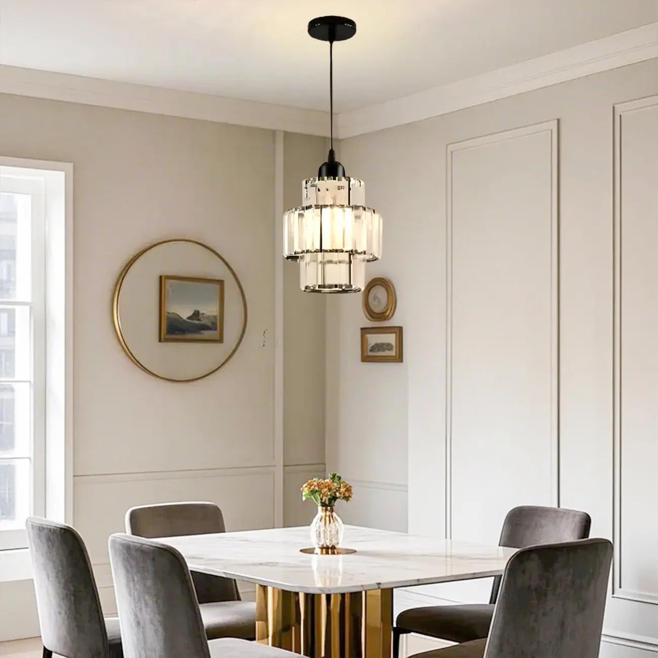 Elegant Clear Crystal Cylinder Pendant Light for Dining Room