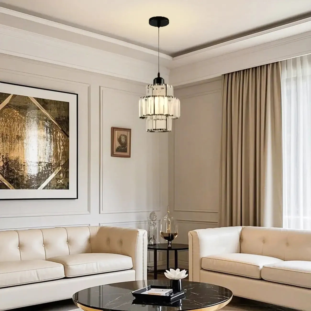 Elegant Clear Crystal Cylinder Pendant Light for Dining Room