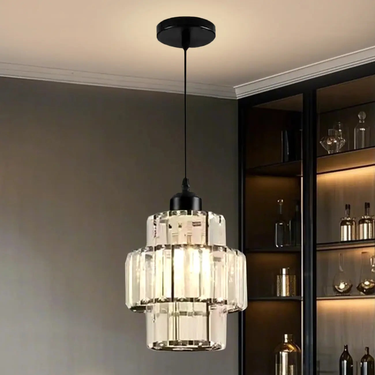 Elegant Clear Crystal Cylinder Pendant Light for Dining Room