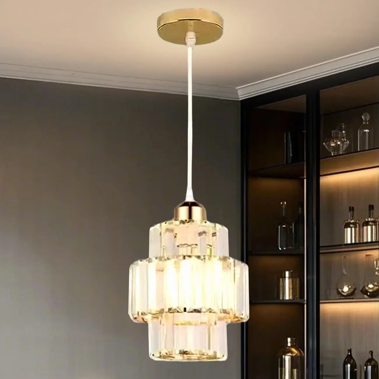Elegant Clear Crystal Cylinder Pendant Light for Dining Room