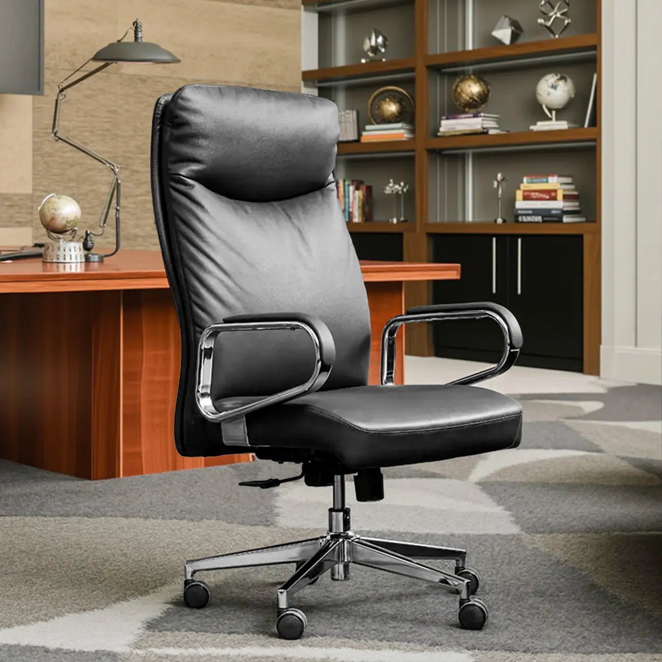 Modern Black Leather Upholstered Adjustable Swivel Office Chair