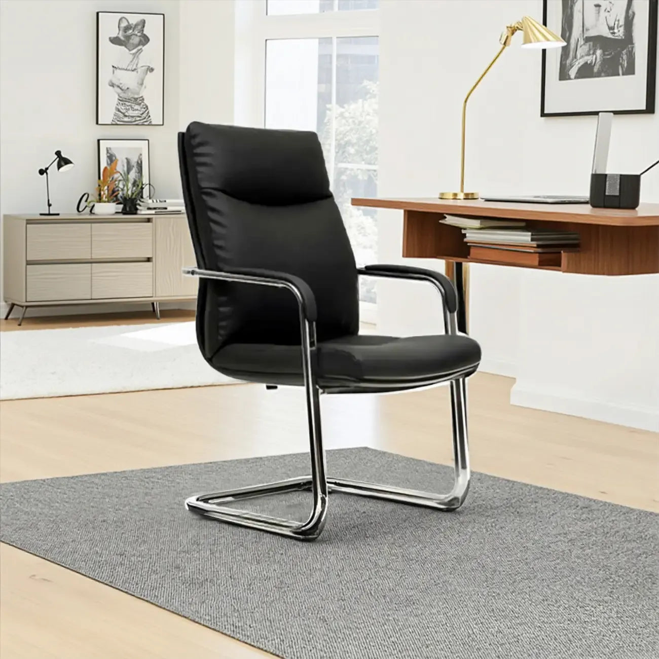 Modern Black Leather Upholstered Adjustable Swivel Office Chair