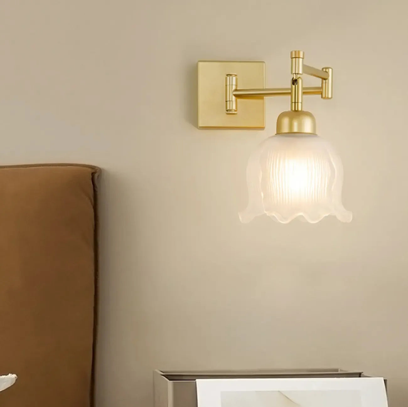 Gold Metal Floral Glass Shade Swing Arm Wall Light