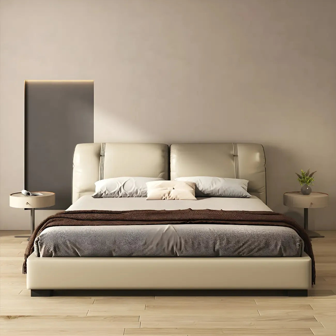 Modern Beige Faux Leather Round Metal Cross Drawer Nightstand