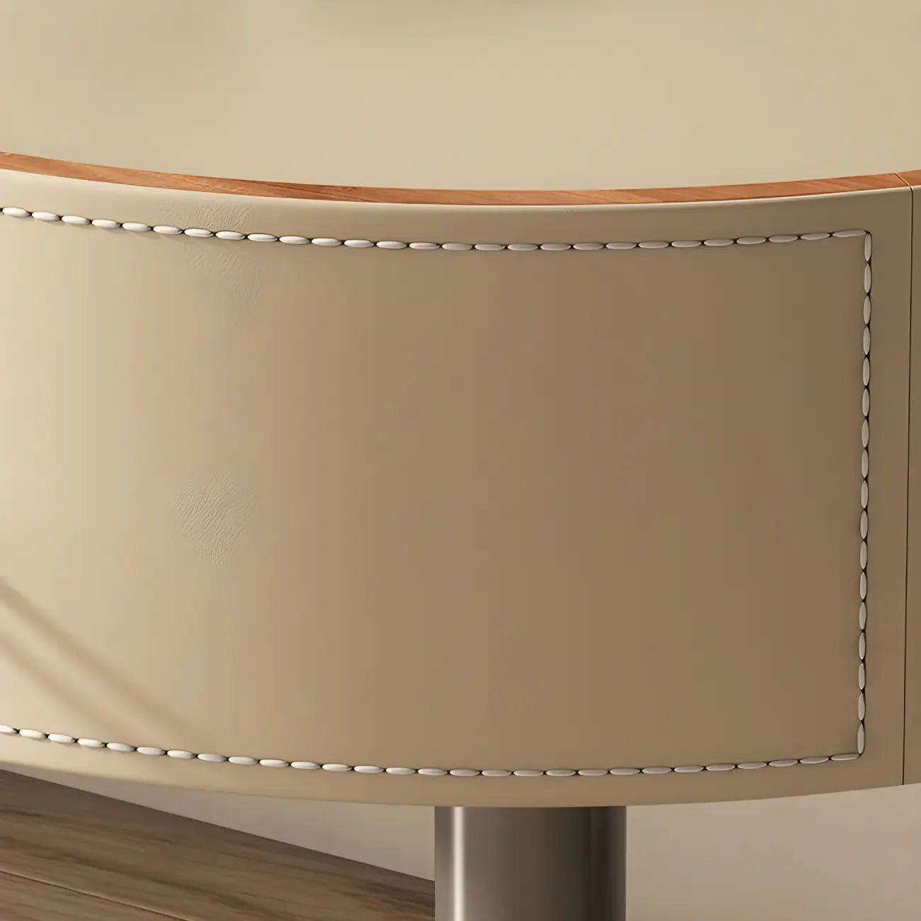Modern Beige Faux Leather Round Metal Cross Drawer Nightstand