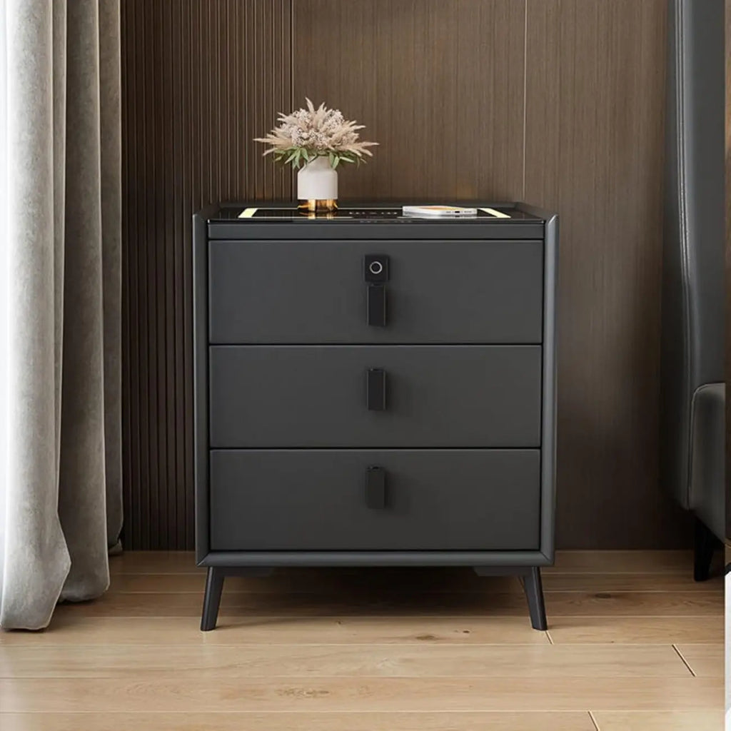 Narrow 3-Drawers Glass Top Wooden Nightstand with Light