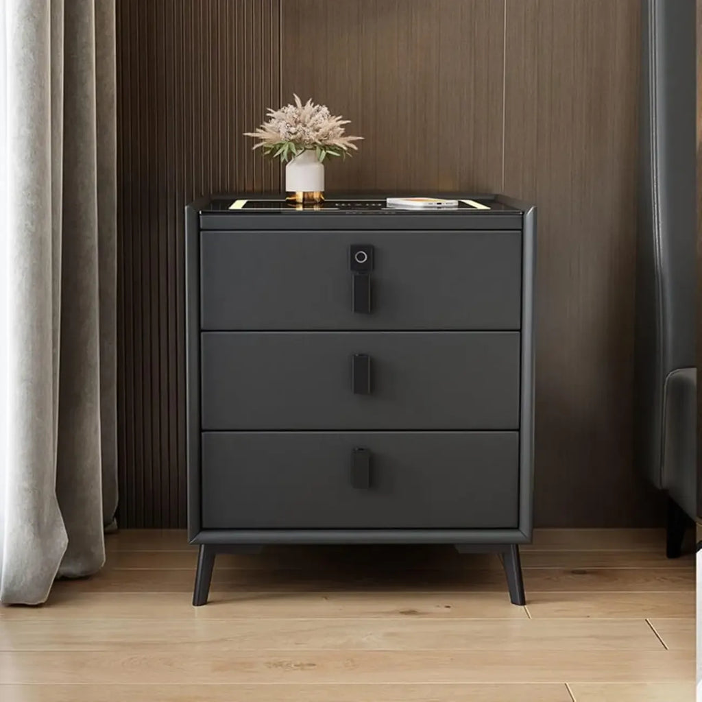 Narrow 3-Drawers Glass Top Wooden Nightstand with Light