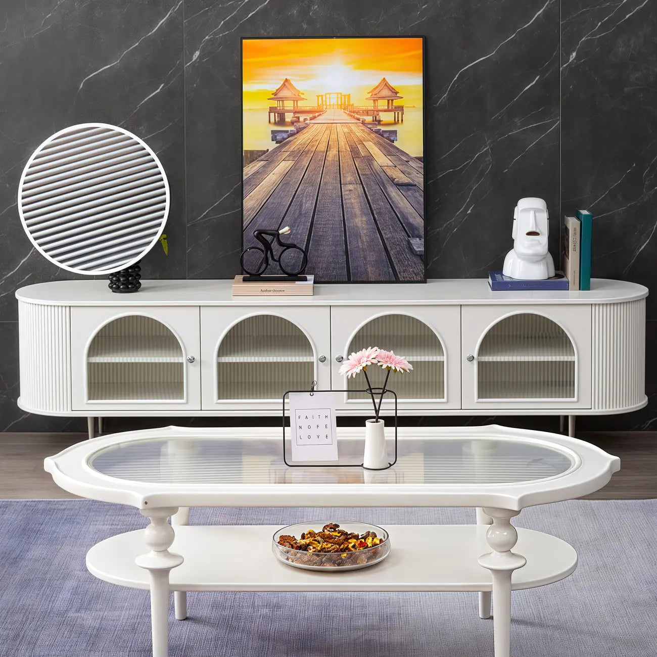 Long 2-Tier Wooden Black TV Stand with Glass Doors