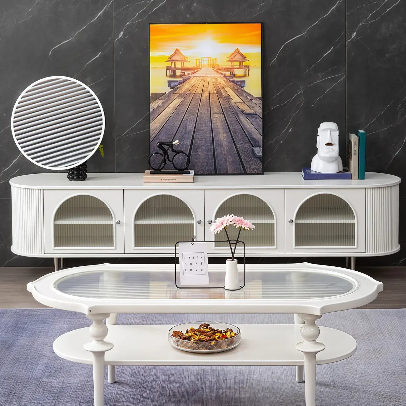 Long 2-Tier Wooden Black TV Stand with Glass Doors