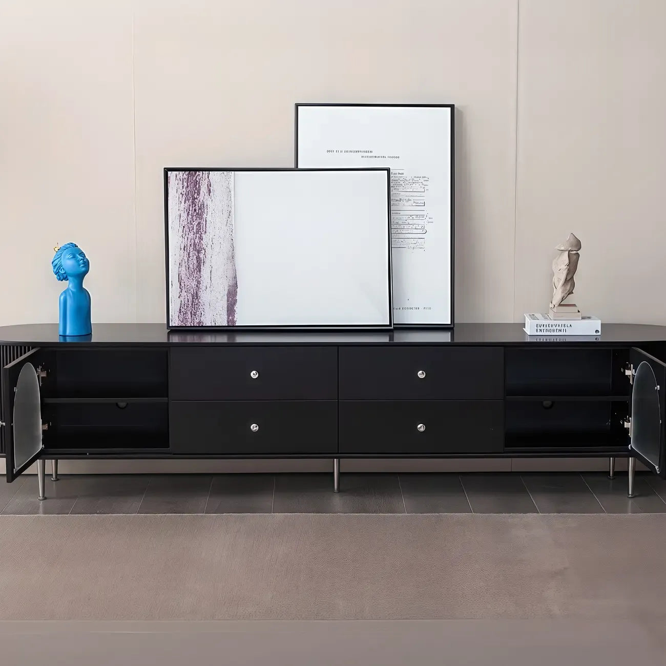 Long 2-Tier Wooden Black TV Stand with Glass Doors
