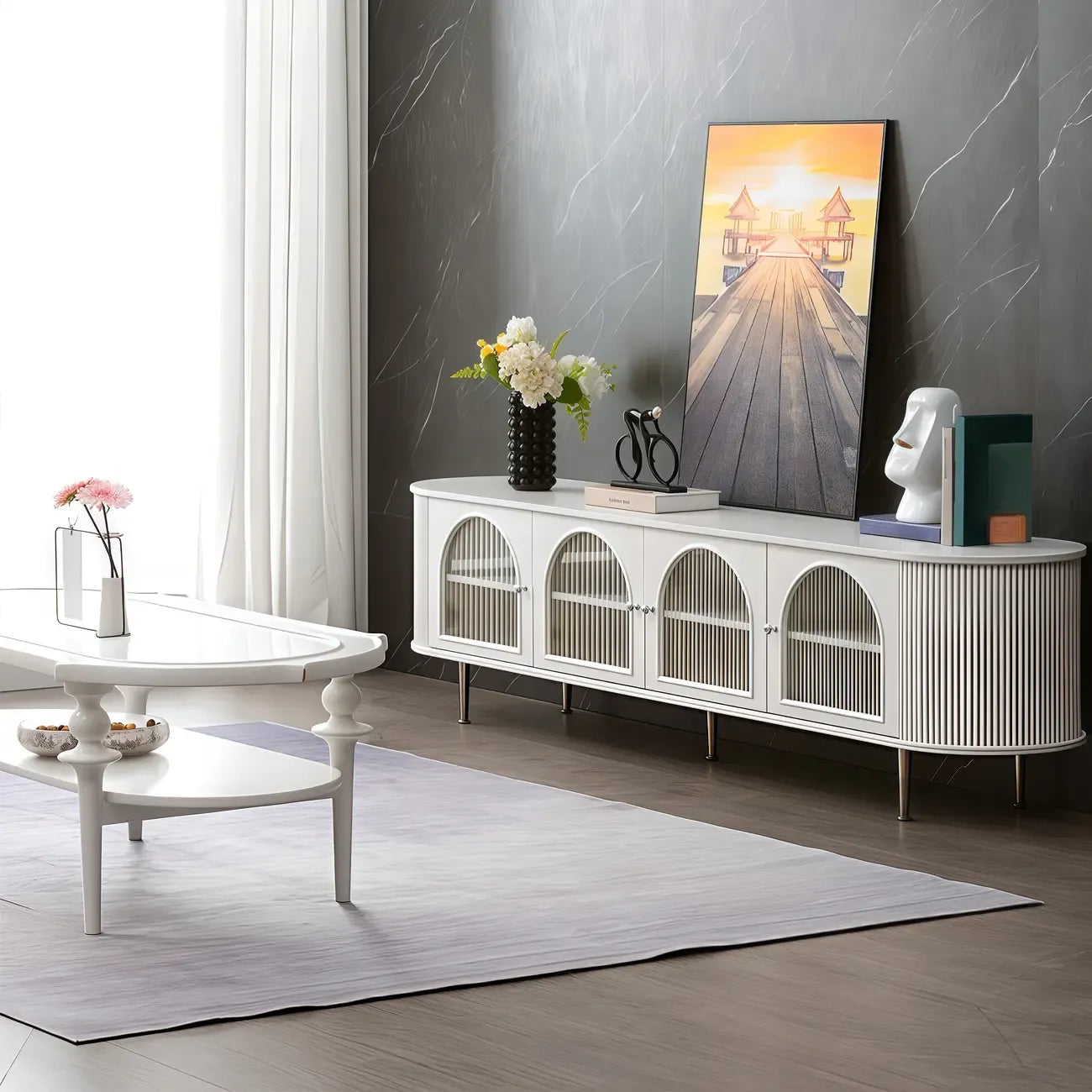 Long 2-Tier Wooden Black TV Stand with Glass Doors