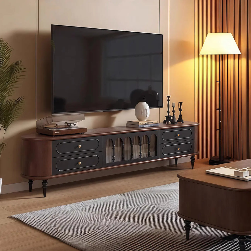 Modern Long Wooden 4-Drawer TV Stand with Doors