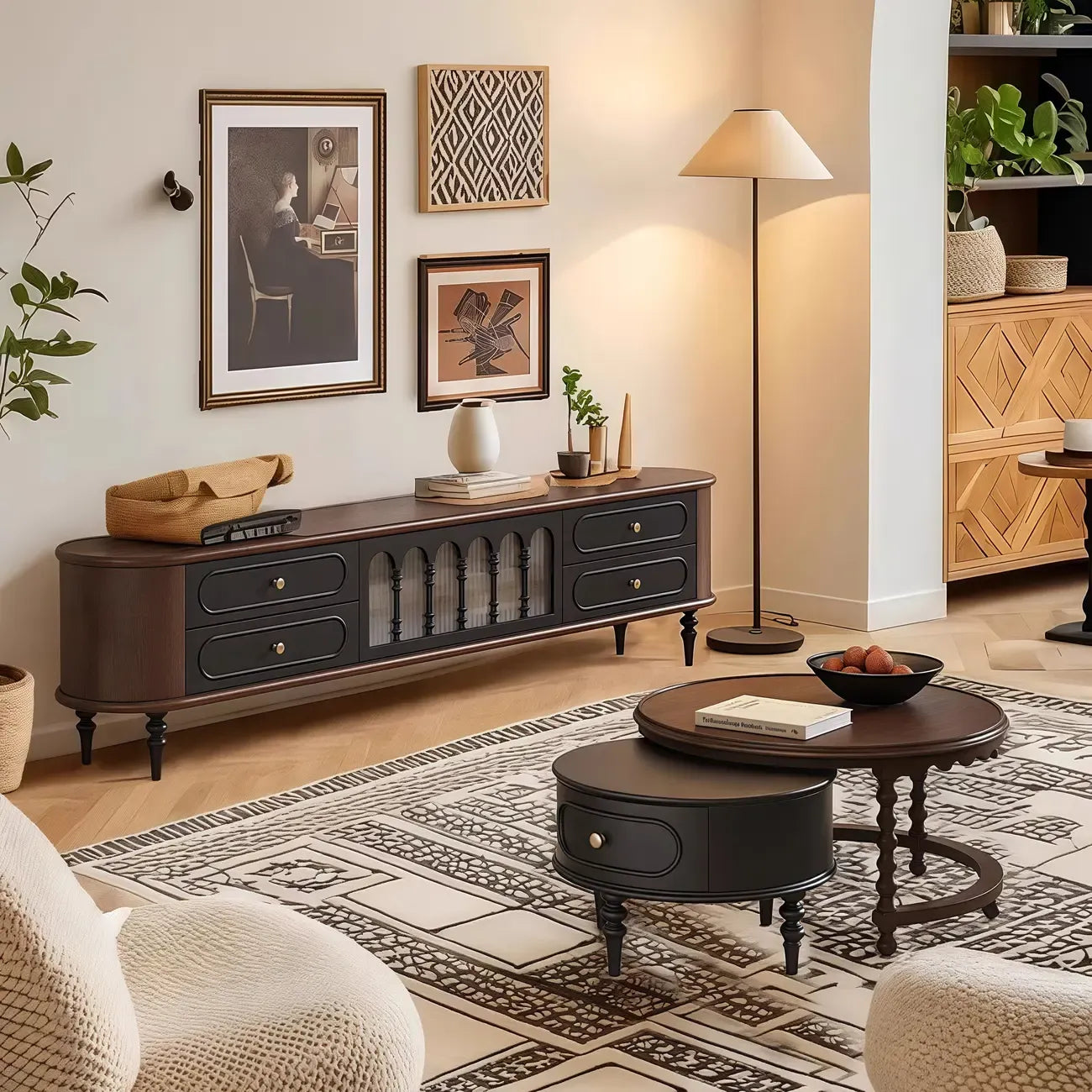 Modern Long Wooden 4-Drawer TV Stand with Doors