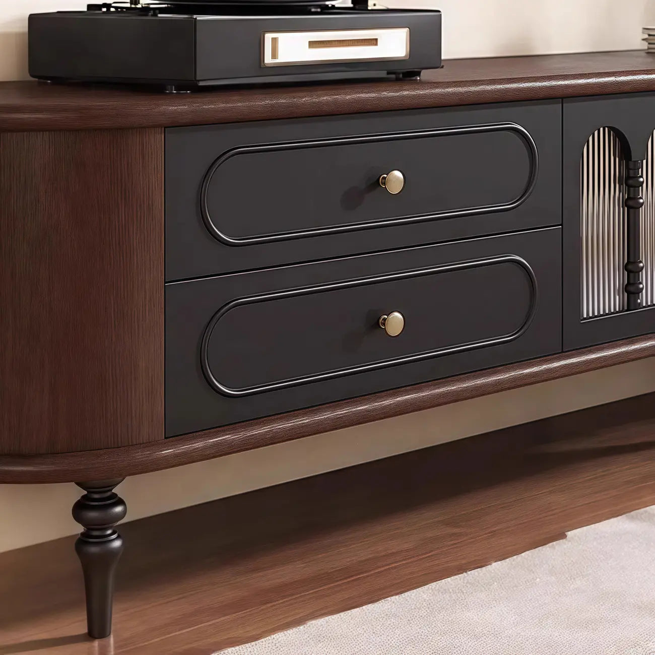 Modern Long Wooden 4-Drawer TV Stand with Doors