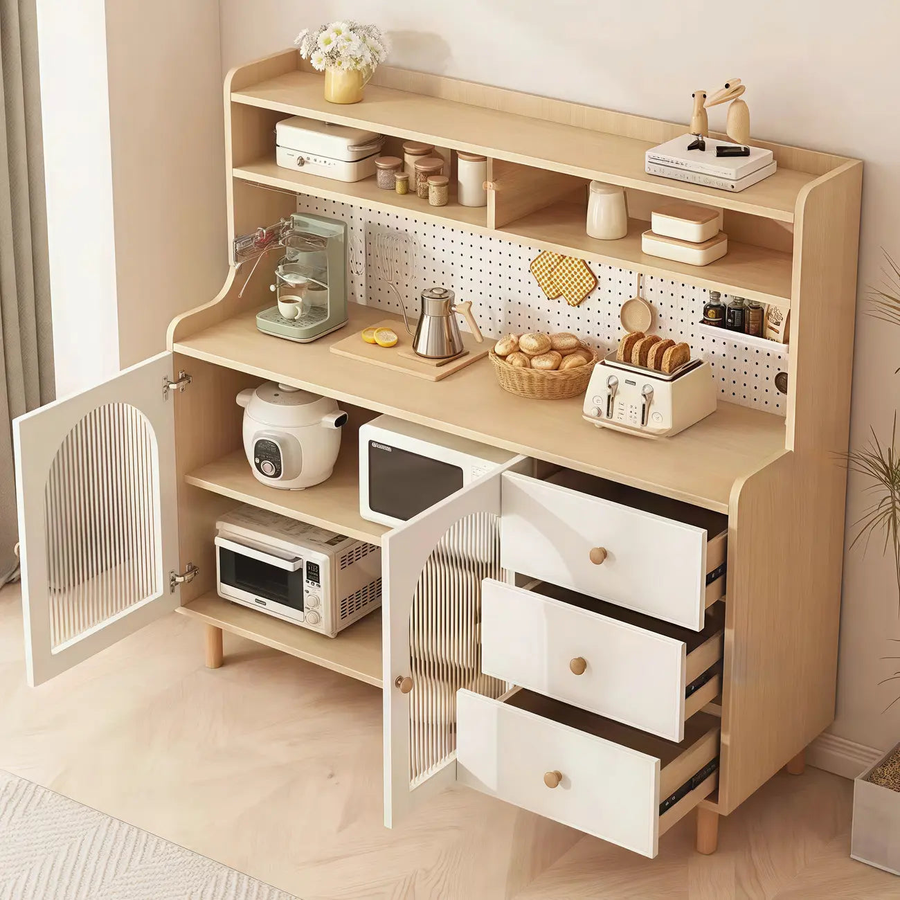 Kitchen Natural Wood Open Shelving 3-Drawer Sideboard