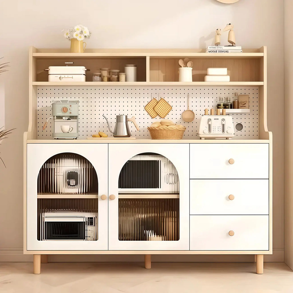 Kitchen Natural Wood Open Shelving 3-Drawer Sideboard