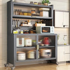 Mobile Metal Open Storage Sideboard with Glass Doors