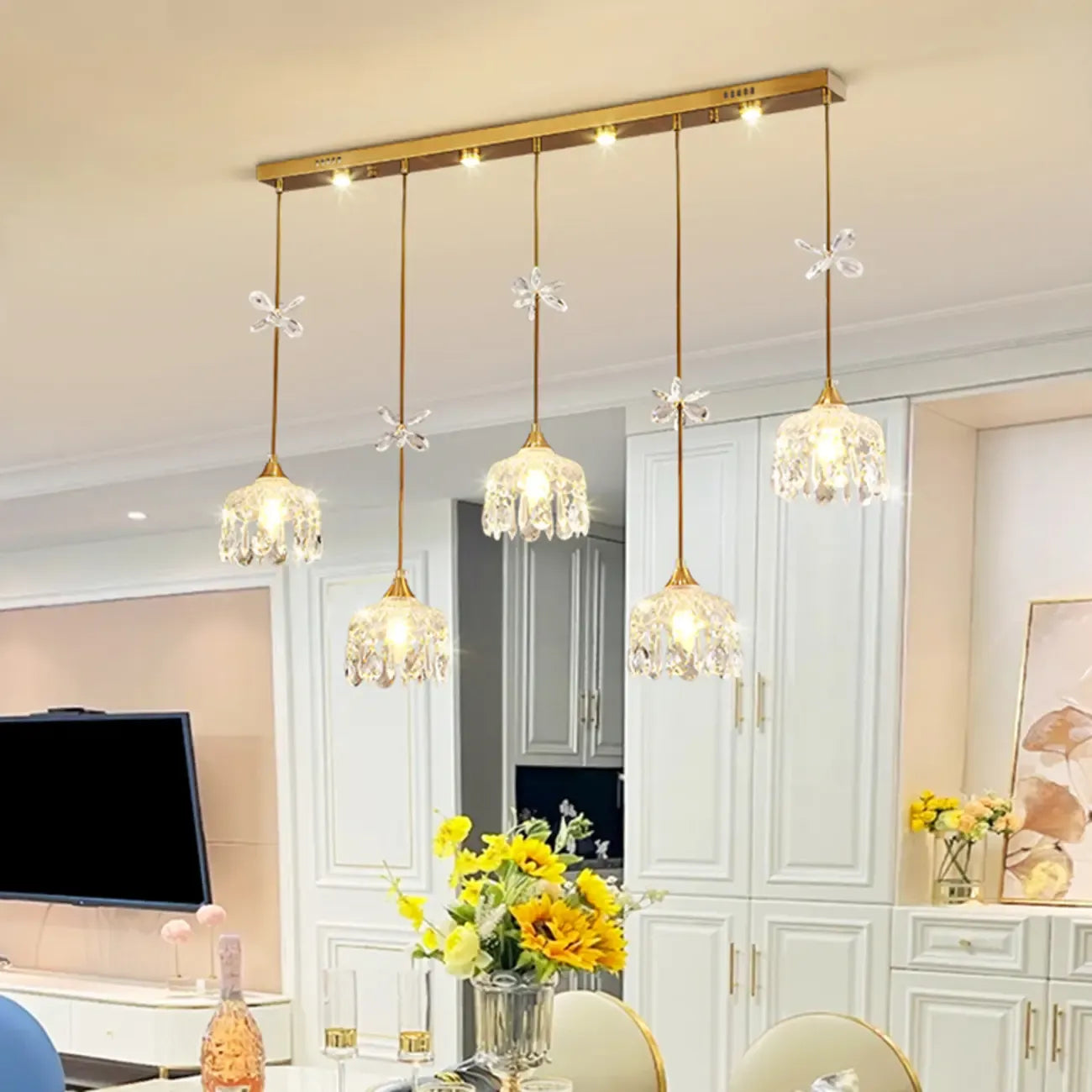 Modern Gold Steel Glass Shape Crystal Pendant Light for kitchen